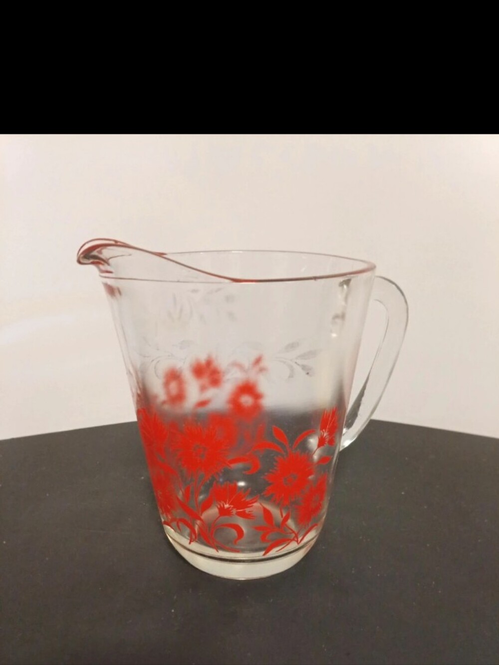 Clear 1950's Glass Pitcher with Red Floral Design